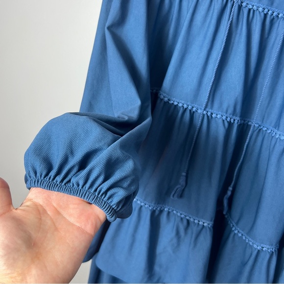 Blue Long Sleeve Ruffle Oversized Tunic Blouse with A marching Crop pants 42 - Picture 6 of 13